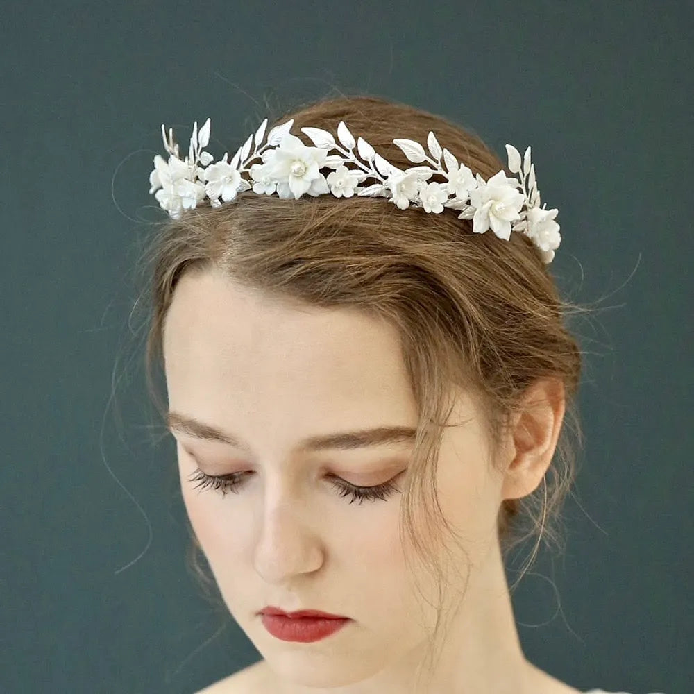 Wedding Hair Accessories - Ceramic Flowers and Pearls Silver Bridal Headband