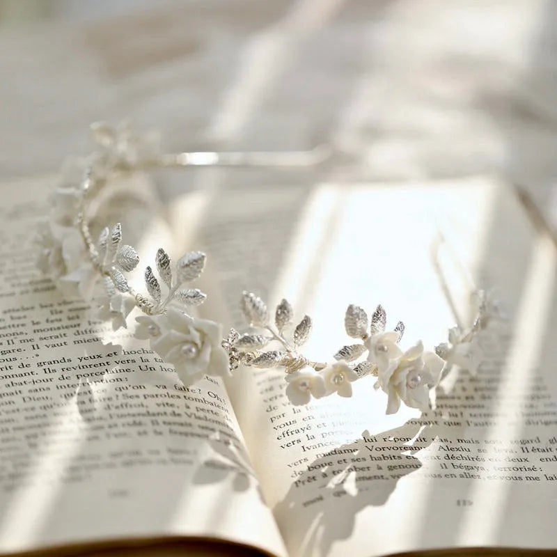Wedding Hair Accessories - Ceramic Flowers and Pearls Silver Bridal Headband