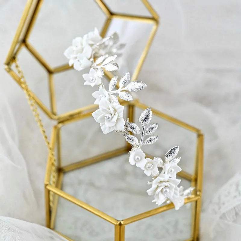 Wedding Hair Accessories - Ceramic Flowers and Pearls Silver Bridal Headband