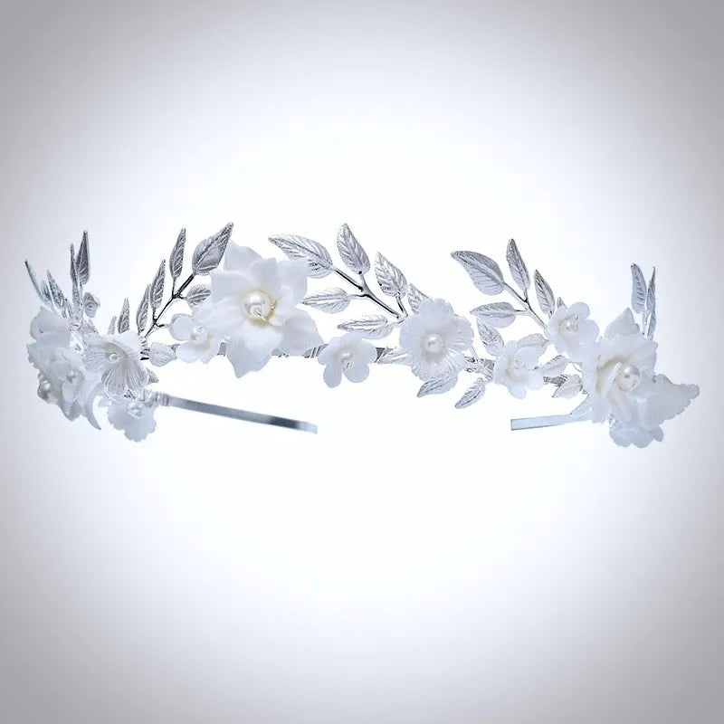 Wedding Hair Accessories - Ceramic Flowers and Pearls Silver Bridal Headband