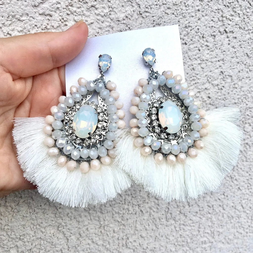 Wedding Jewelry - Opal Bridal Tassel Earrings