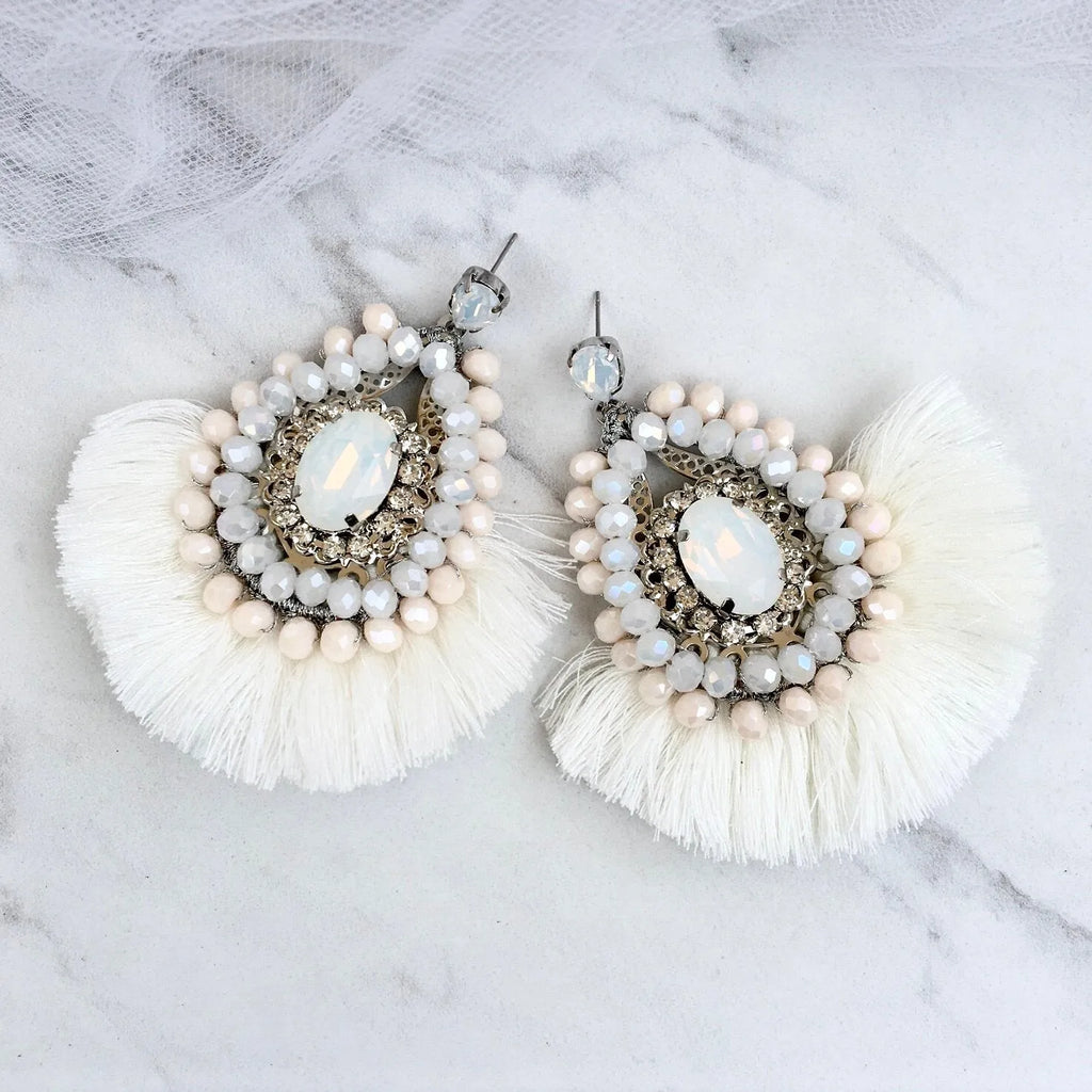 Wedding Jewelry - Opal Bridal Tassel Earrings