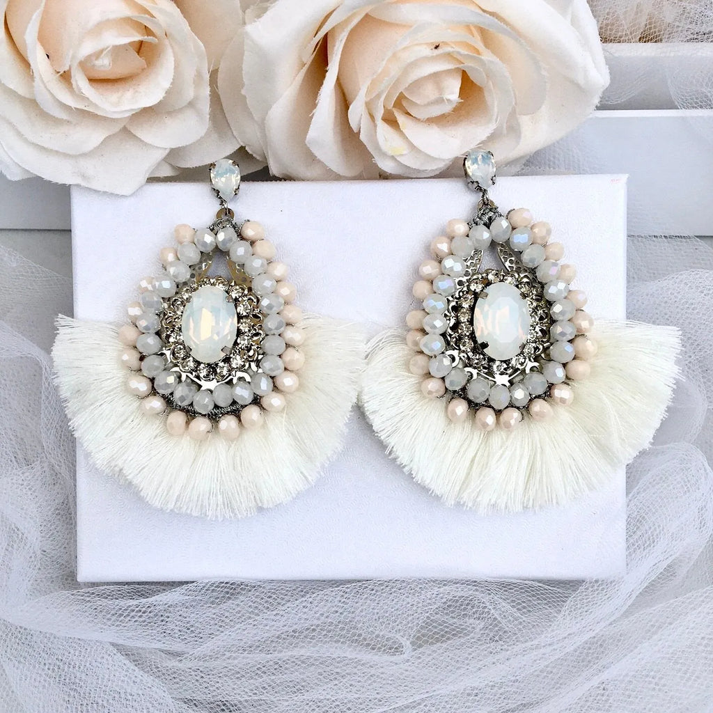 Wedding Jewelry - Opal Bridal Tassel Earrings
