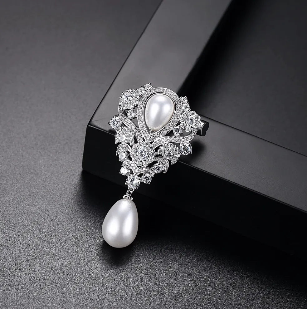 "Ramona" - Pearl and Cubic Zirconia Bridal Brooch
