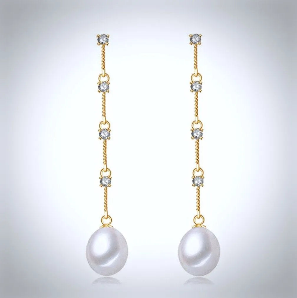 Wedding Jewelry - Pearl and Cubic Zirconia Bridal Earrings - Available in Silver and Yellow Gold