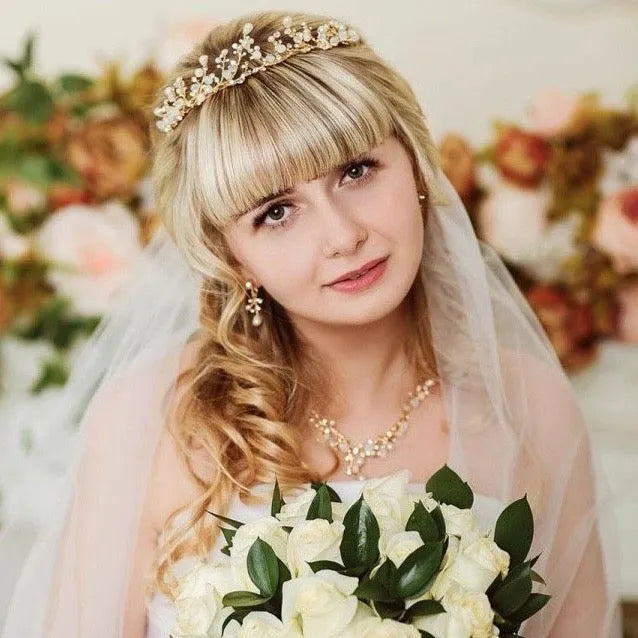 Pearl Wedding Jewelry - Pearl and Cubic Zirconia Bridal 3-Piece Jewelry Set With Tiara - Available in Yellow Gold and Silver