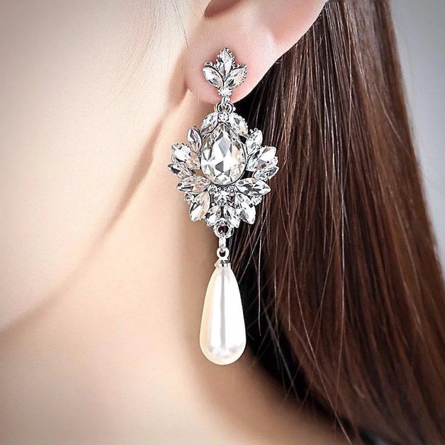 Wedding Jewelry - Silver Pearl and Crystal Bridal Earrings 