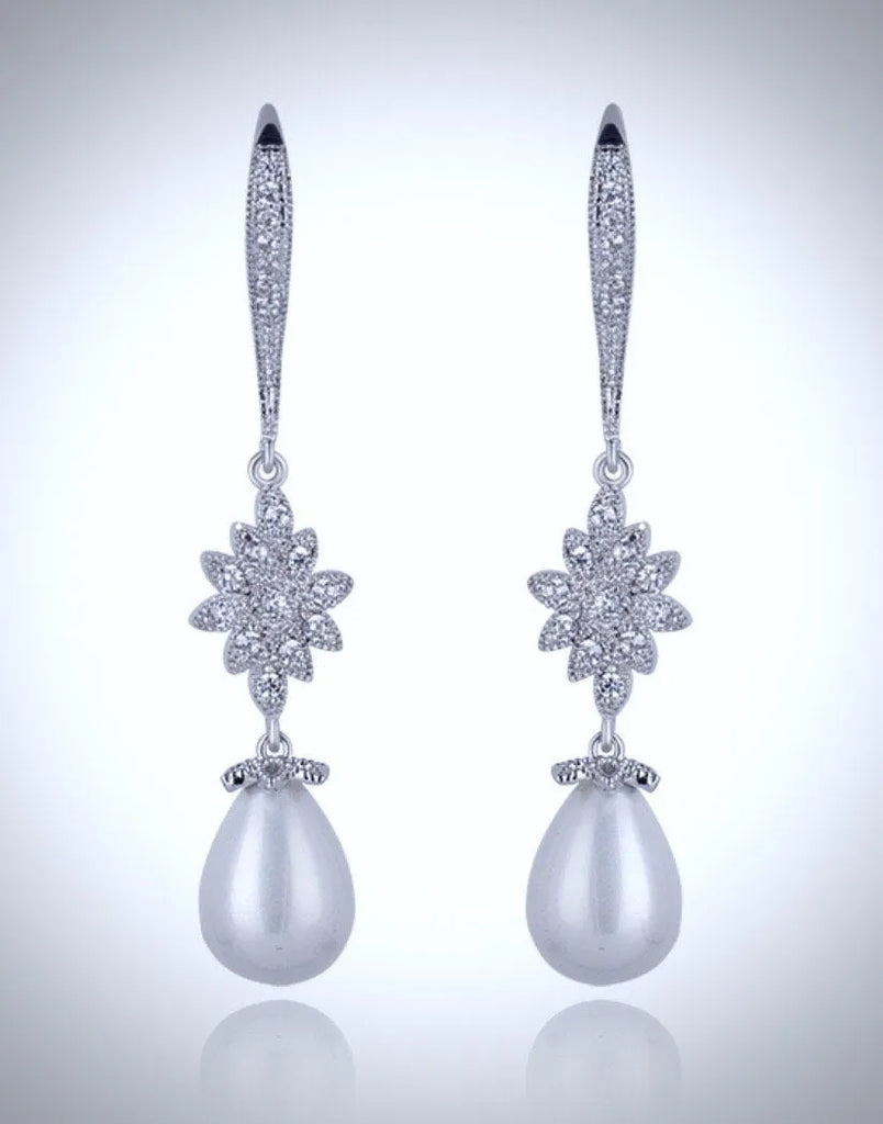 Wedding Jewelry - Pearl and Cubic Zirconia Bridal Earrings