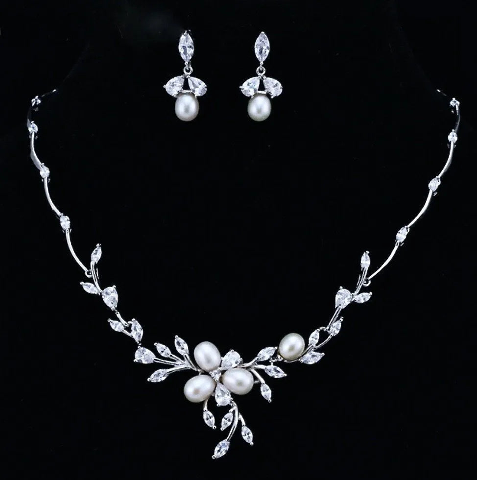 Wedding Jewelry - Freshwater Pearl and Cubic Zirconia Bridal Jewelry Set - Available in Silver, Rose Gold and Yellow Gold