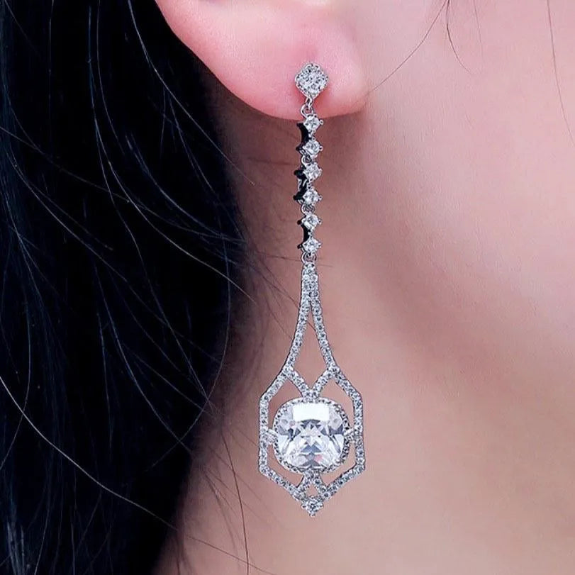 Wedding Jewelry - Silver Cubic Zirconia Bridal Earrings