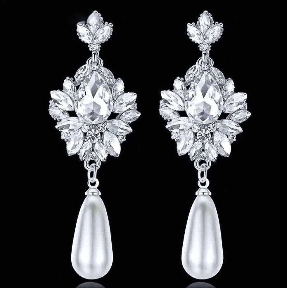 Wedding Jewelry - Silver Pearl and Crystal Bridal Earrings 