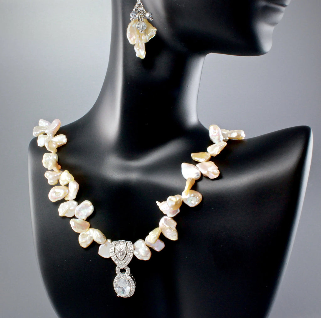"Bella" - Keshi Pearls and Cubic Zirconia Bridal Necklace and Earrings Set