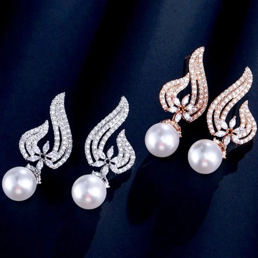 Wedding Jewelry - Pearl and Cubic Zirconia Bridal Earrings - Available in Rose Gold and Silver
