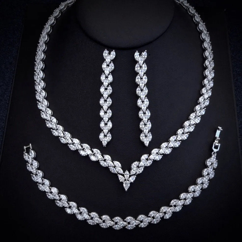 Wedding Jewelry - Silver Cubic Zirconia Bridal Three-Piece Jewelry Set