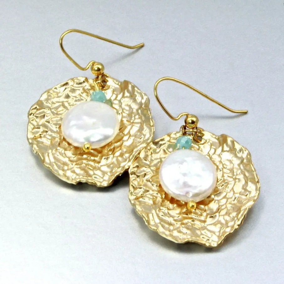 Pearl Wedding Jewelry - Cultured Pearl and Blue Chalcedony Bridal Earrings