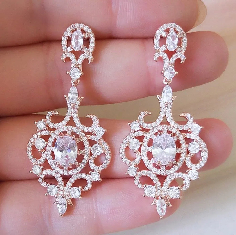 Wedding Jewelry - Cubic Zirconia Bridal Earrings - Available in Rose Gold, Silver and Yellow Gold