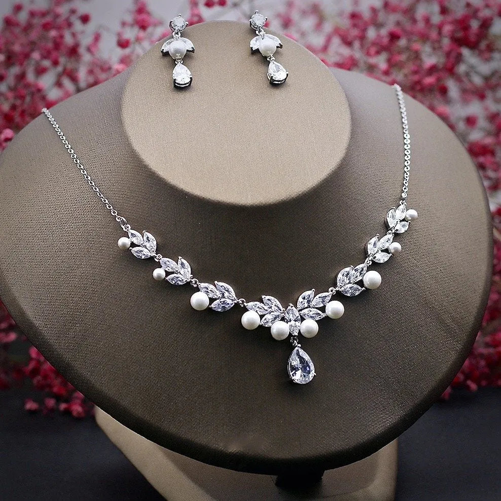 Wedding Jewelry - Silver Cubic Zirconia and Pearl Bridal Jewelry Set