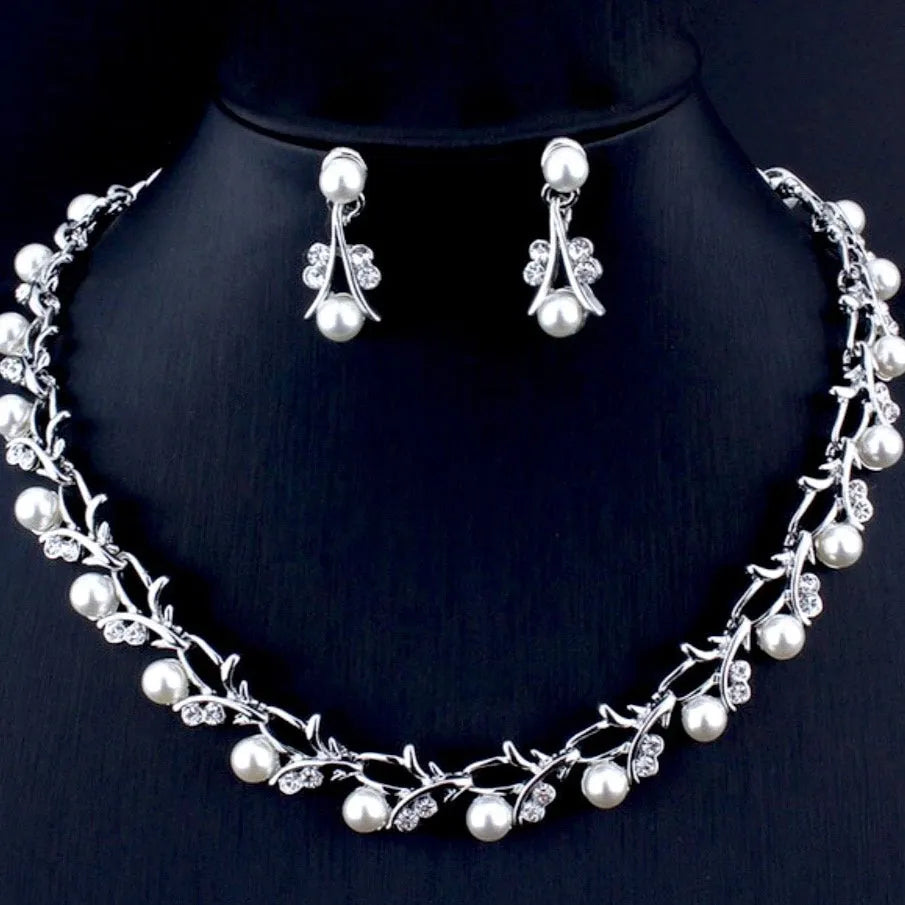 Wedding Jewelry - Silver Cubic Zirconia and Pearl 3-Piece Bridal Jewelry Set With Tiara