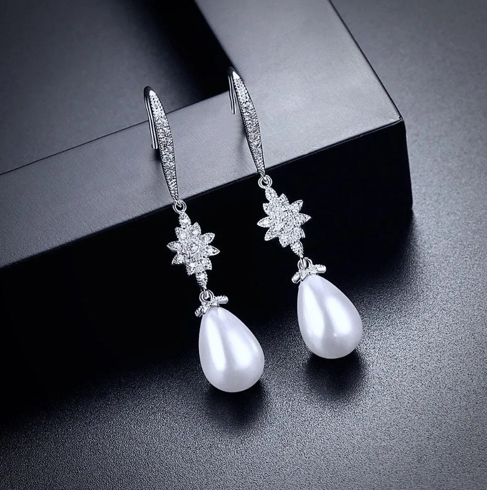Wedding Jewelry - Pearl and Cubic Zirconia Bridal Earrings