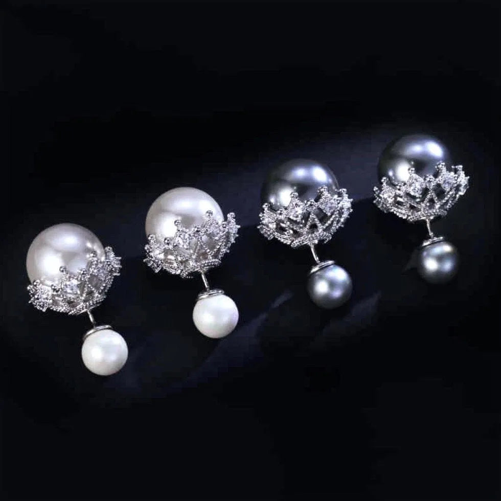 Wedding Jewelry - Double Pearl Bridal Earrings - Available in White and Gray