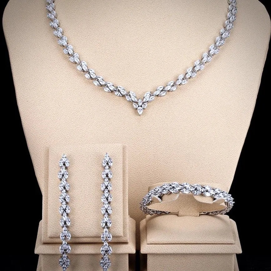Wedding Jewelry - Silver Cubic Zirconia Bridal Three-Piece Jewelry Set