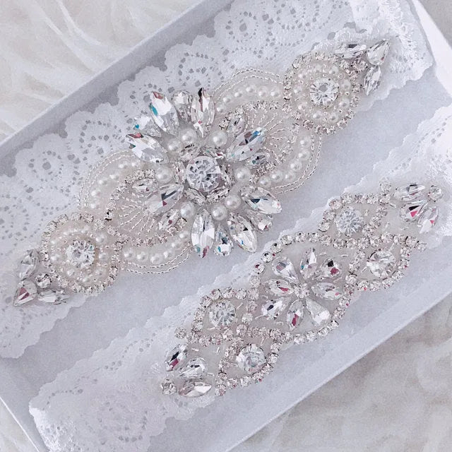 Sierra Lace & Crystal Bridal Garter Set Silver Wedding Garter silver/gray / 16" (approx. 41cm) Sierra Lace & Crystal Bridal Garter Set Silver Wedding Garter silver/gray / 16" (approx. 41cm)