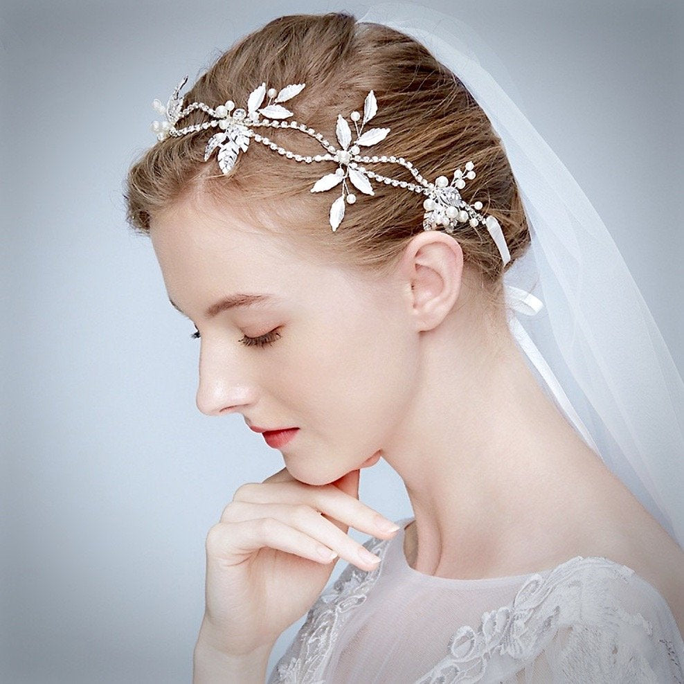 Wedding Hair Accessories - Silver Pearl and Crystal Bridal Headband