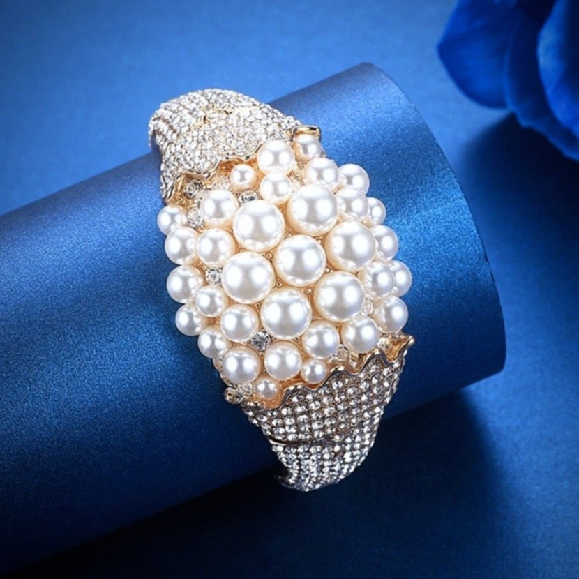 Wedding Pearl Jewelry - Pearl and Cubic Zirconia Gold Bridal Bracelet