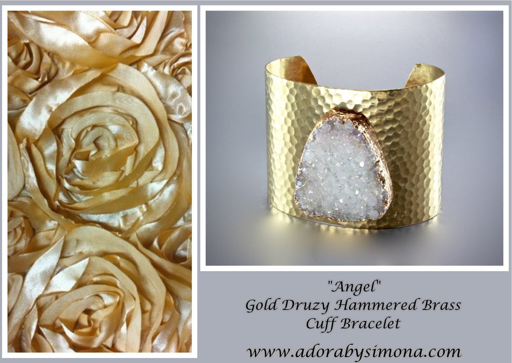 "Angel" - Gold Druzy Hammered Brass Cuff Bracelet 