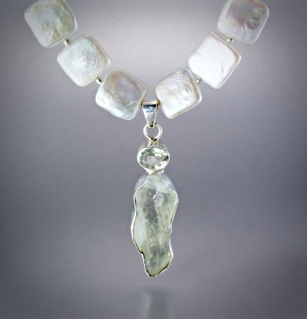 "Marilyn" - Raw Green Amethyst and Cultured Pearl Sterling Silver Necklace