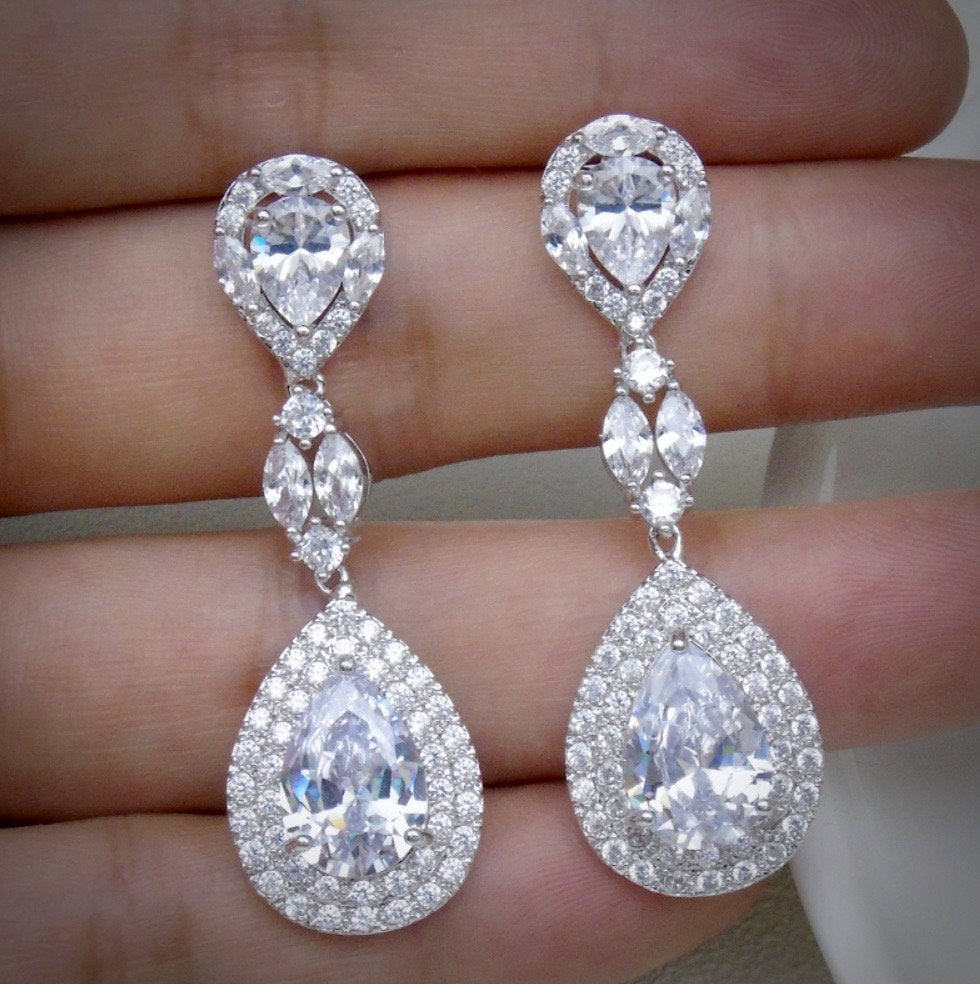 Wedding Jewelry - Cubic Zirconia Bridal Earrings - Available in Silver, Rose Gold and Yellow Gold