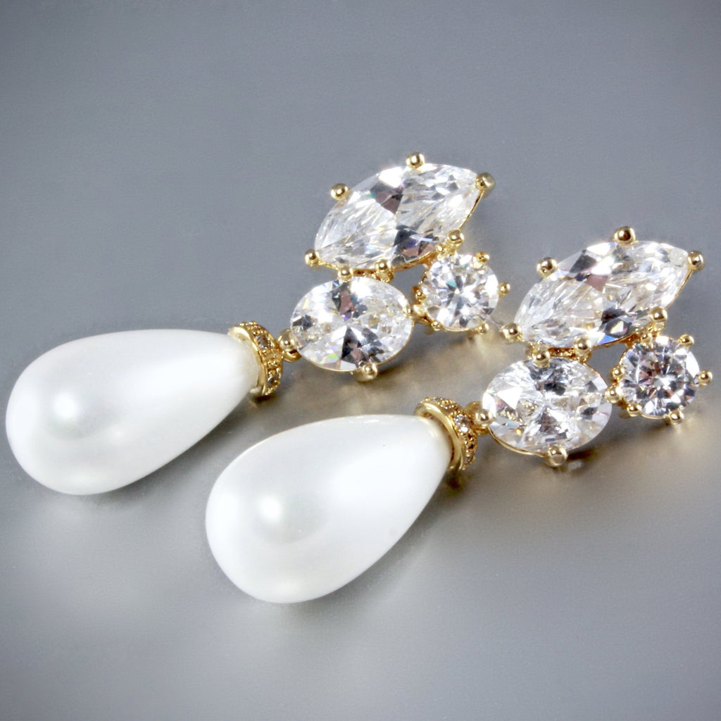 Pearl Wedding Jewelry - Bridal Pearl Drop Earrings - Available in Silver and Yellow Gold