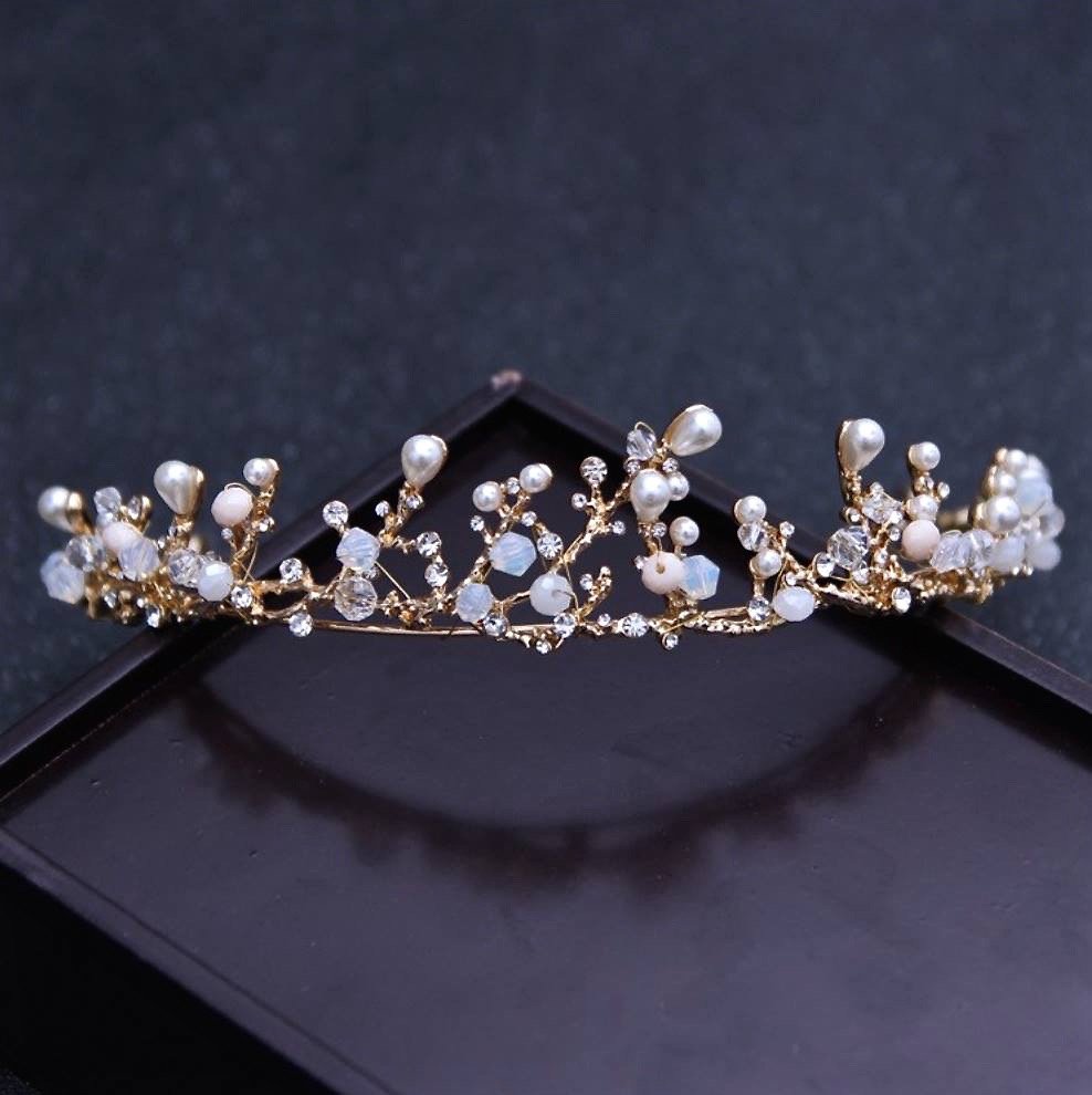 Pearl Wedding Jewelry - Pearl and Cubic Zirconia Bridal 3-Piece Jewelry Set With Tiara - Available in Yellow Gold and Silver