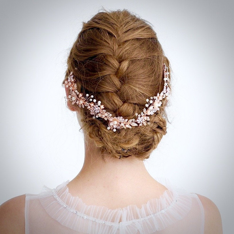 Wedding Hair Accessories - Rose Gold Pearl and Crystal Bridal Headband With Matching E
