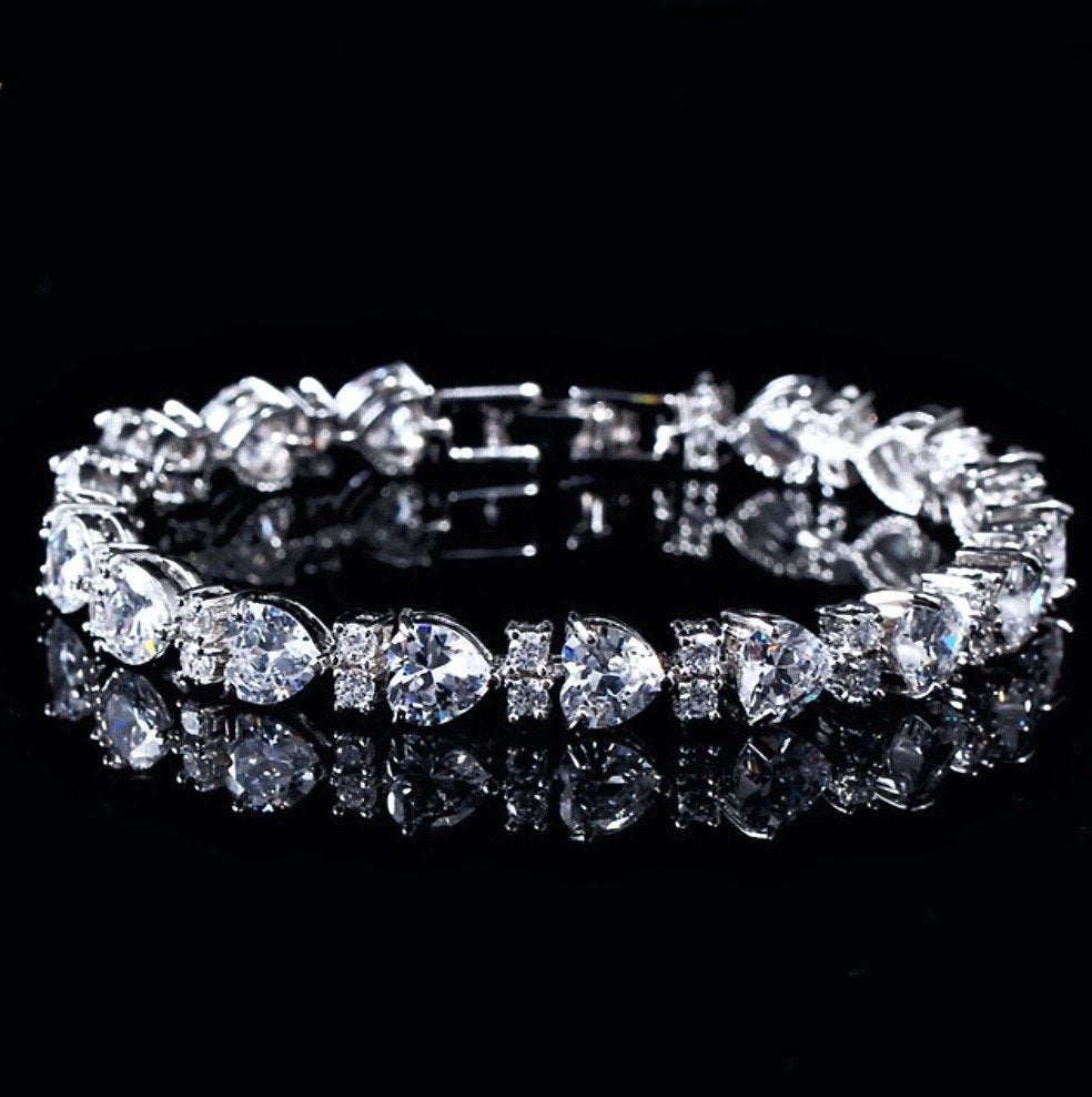 Wedding Jewelry - Silver Cubic Zirconia Heart Bracelet