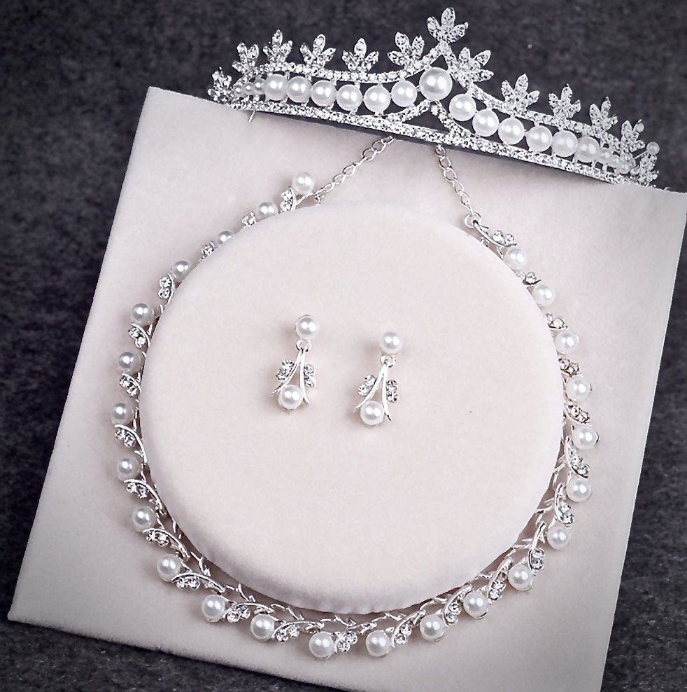 Wedding Jewelry - Silver Cubic Zirconia and Pearl 3-Piece Bridal Jewelry Set With Tiara