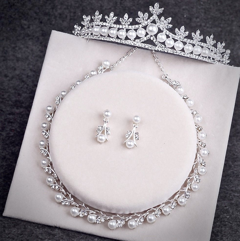 Wedding Jewelry - Silver Cubic Zirconia and Pearl 3-Piece Bridal Jewelry Set With Tiara