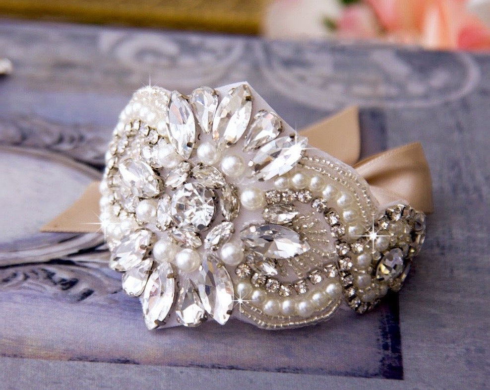 Wedding Jewelry - Pearl and Crystal Wedding Wrist Corsage Cuff Bracelet - Available in Silver and Rose Gold