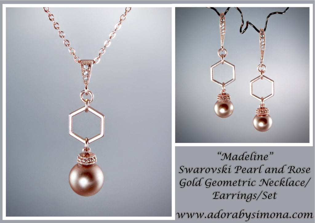 Wedding Jewelry - Swarovski Pearl Rose Gold Geometric Bridal Jewelry Set
