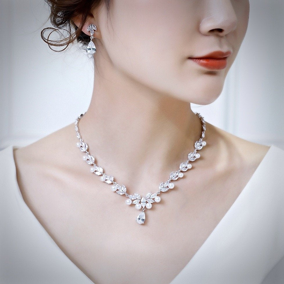 Wedding Jewelry - Silver Cubic Zirconia and Pearl Bridal Jewelry Set