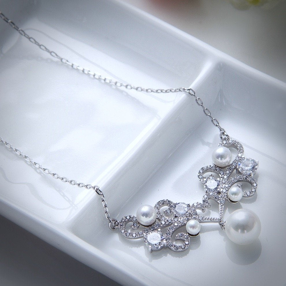 "Joy" - Pearl and Cubic Zirconia Bridal Necklace