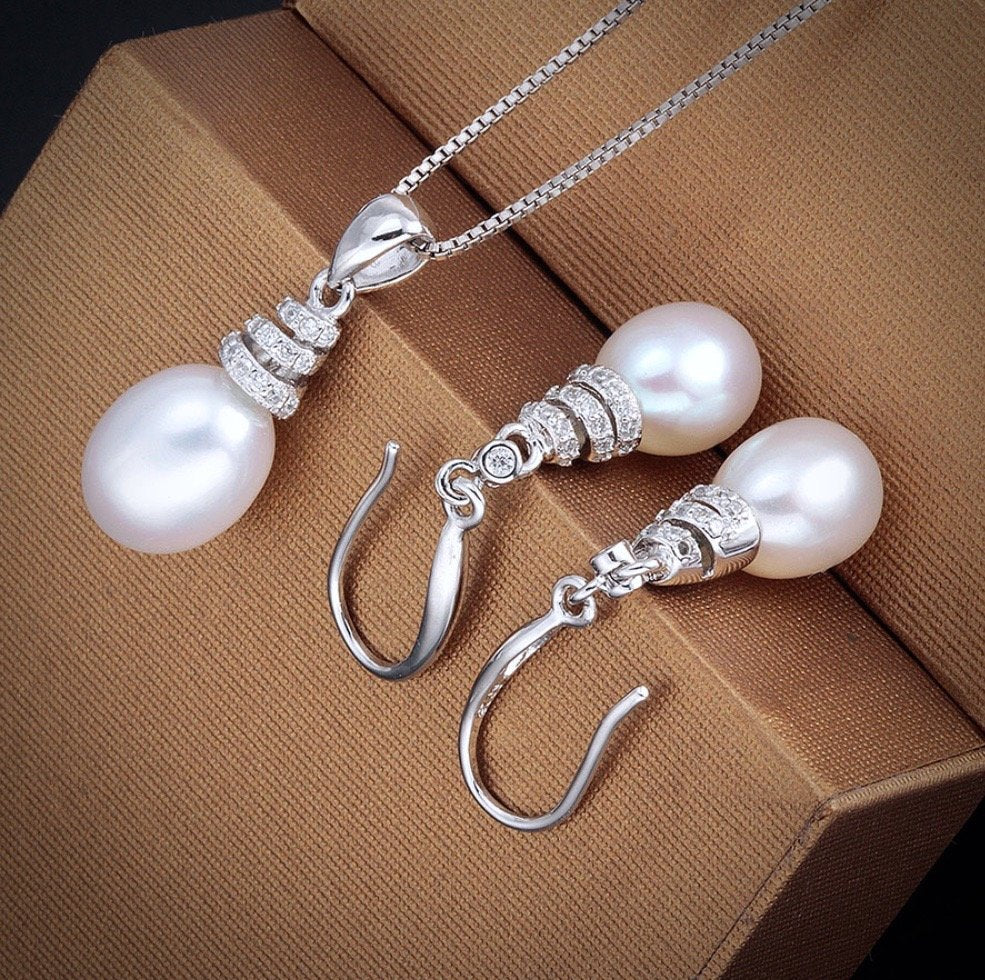 "Kalena" - Freshwater Pearl and Sterling Silver Bridal Necklace and Earrings Set