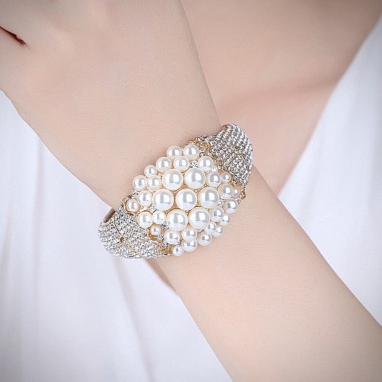 Wedding Pearl Jewelry - Pearl and Cubic Zirconia Gold Bridal Bracelet