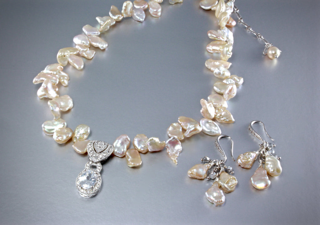 "Bella" - Keshi Pearls and Cubic Zirconia Bridal Necklace and Earrings Set