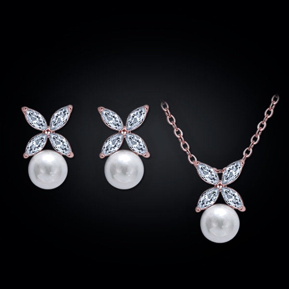 Pearl Wedding Jewelry  - Pearl and Cubic Zirconia Jewelry Set - Available in Rose Gold and Silver