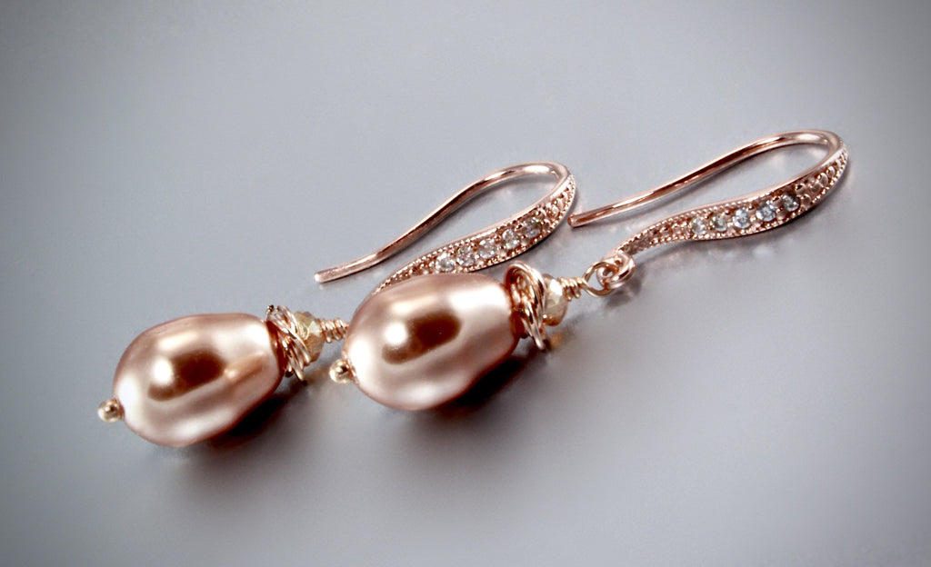 "Shanti" - Swarovski Pearl and Rose Gold Bridal Earrings 