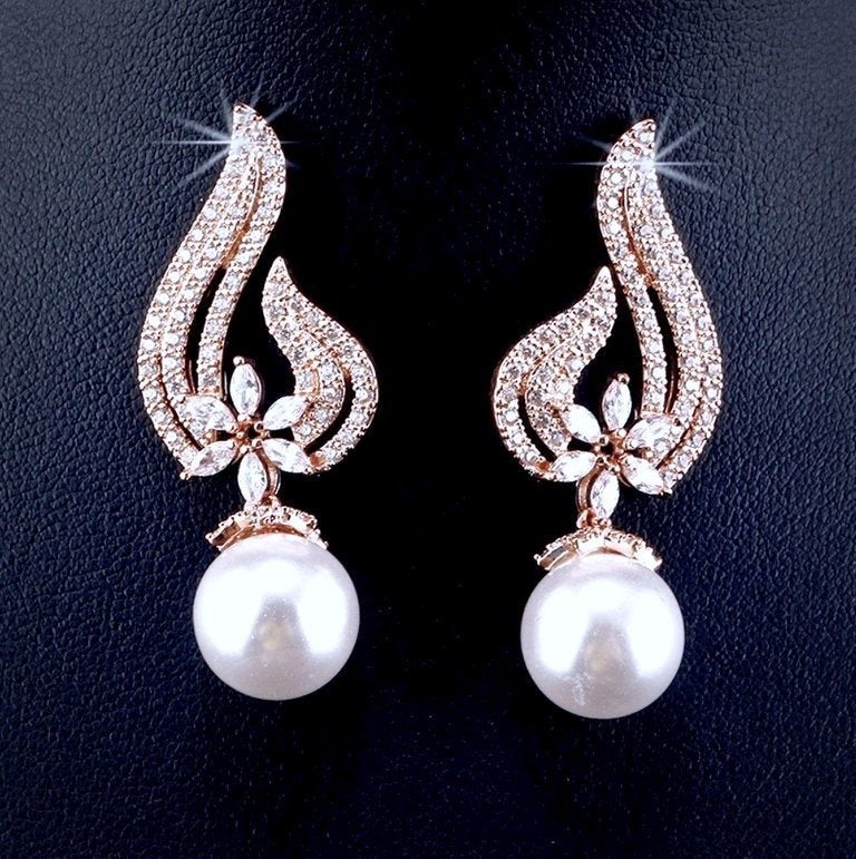 Wedding Jewelry - Pearl and Cubic Zirconia Bridal Earrings - Available in Rose Gold and Silver