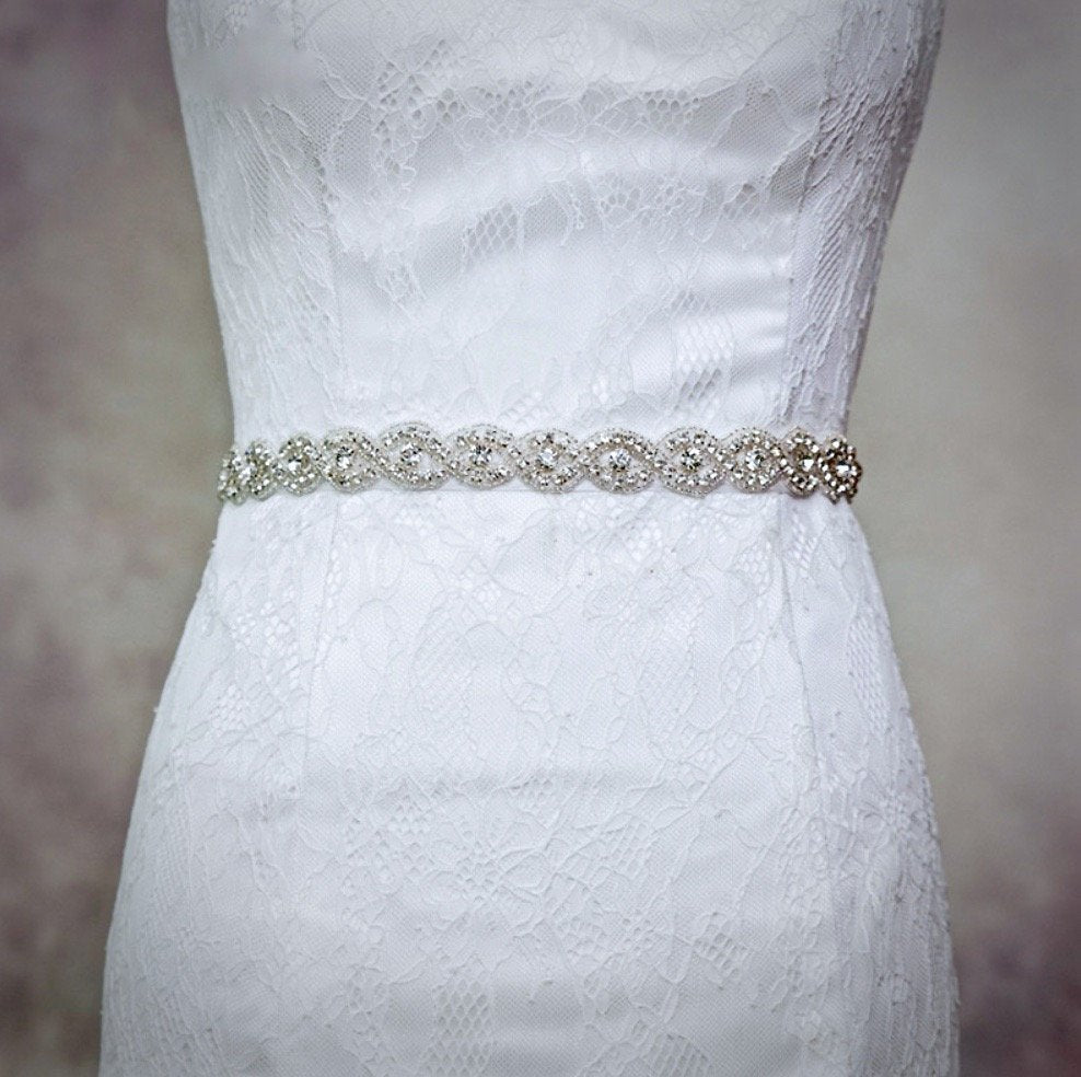 "Nora" - Silver Crystal Bridal Belt/Sash