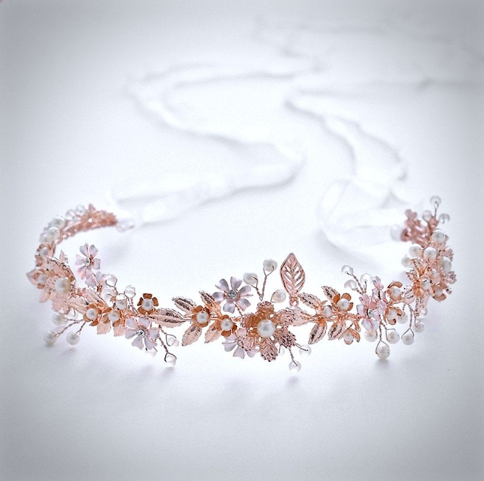 Wedding Hair Accessories - Rose Gold Pearl and Crystal Bridal Headband With Matching E
