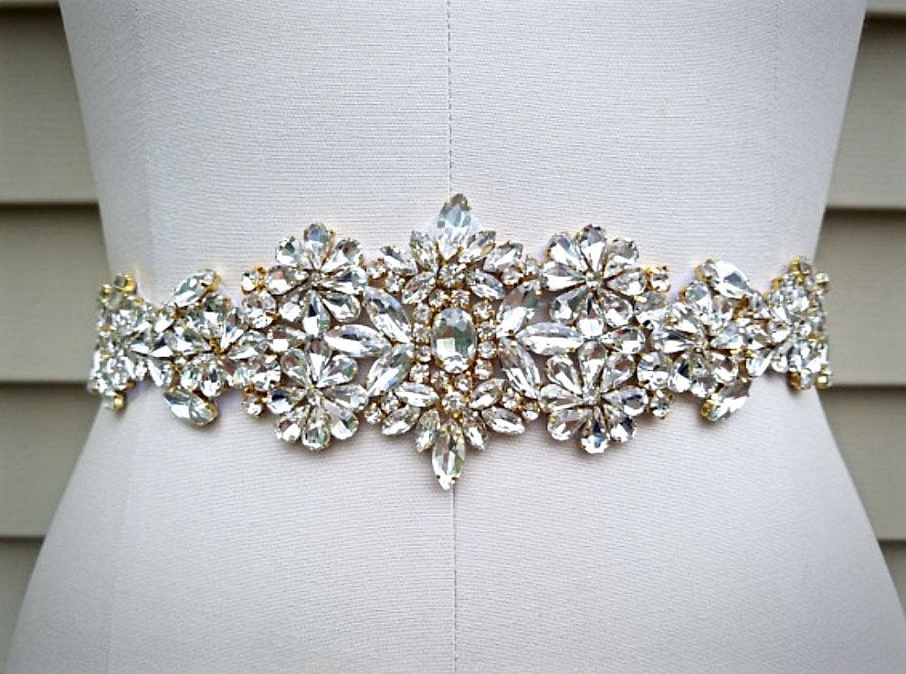 "Gwen" - Gold Crystal Bridal Belt/Sash